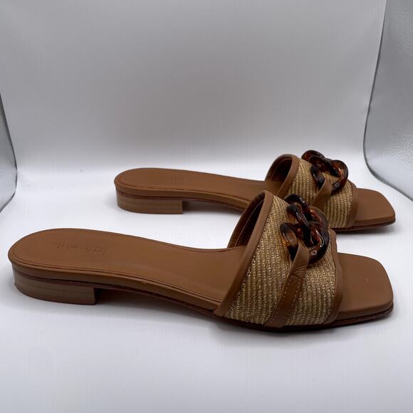 J. McLaughlin Adima Flat Slide Sandals 9  Straw Tortoiseshell Chain - Picture 2 of 9